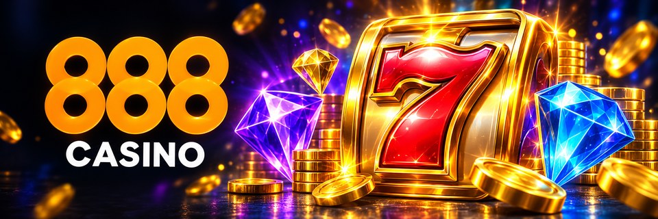 888 Casino med gyldne mønter, rødt syvtal og farverige slotdiamanter