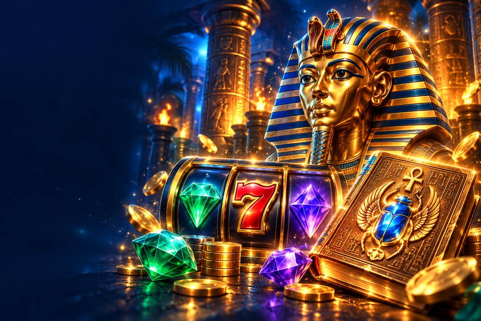 Gylden farao, egyptisk bog og spilleautomatsymboler med ædelsten