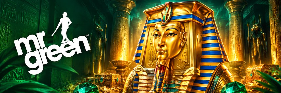 Mr Green Casino med gylden farao i et smaragdgrønt egyptisk tempel