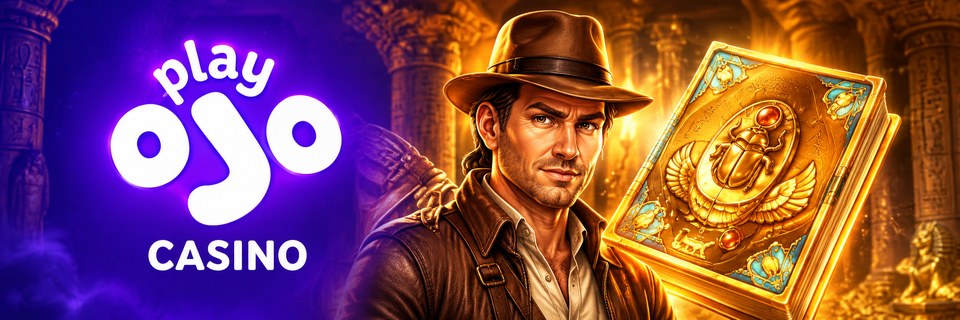 PlayOJO Casino med eventyrer, gylden bog og egyptiske spilleautomatsymboler