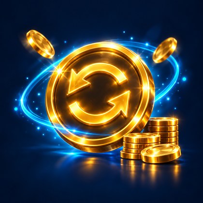 Gylden free spins mønt med cirkelpil og møntstakke